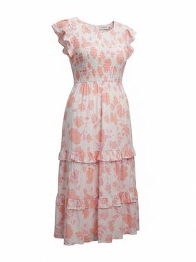 Vineyard Vines Dress Womens Pink White Smocked Maxi Floral Tiered Flutter sleeve